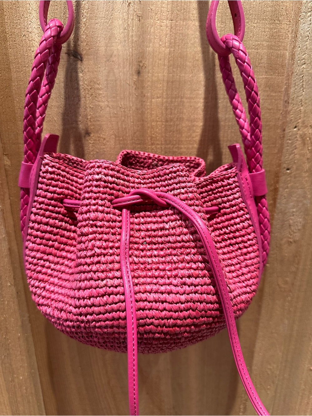 Sezane Mini Zelie Fuchsia Raffia Crossbody Bucket Bag - Picture 3 of 8